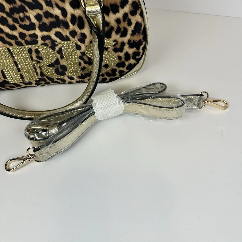 Paris Hilton Leopard Bowler Bag Rhinestone Logo Gold Heart Charm‎ Y2K